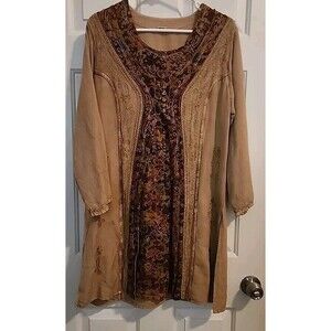 Made In India Long Tunic Top  Brown Hippie Dress Embroidered Boho Medium / Large